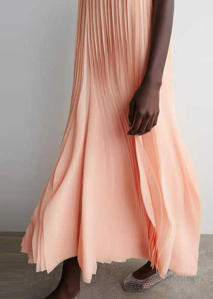 Apricot Wrinkled Chiffon Long Dress Sleeveless