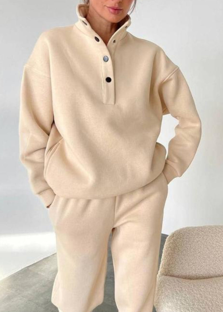 Apricot Stand Collar Button Tops and Pants Two Pieces Set Fall