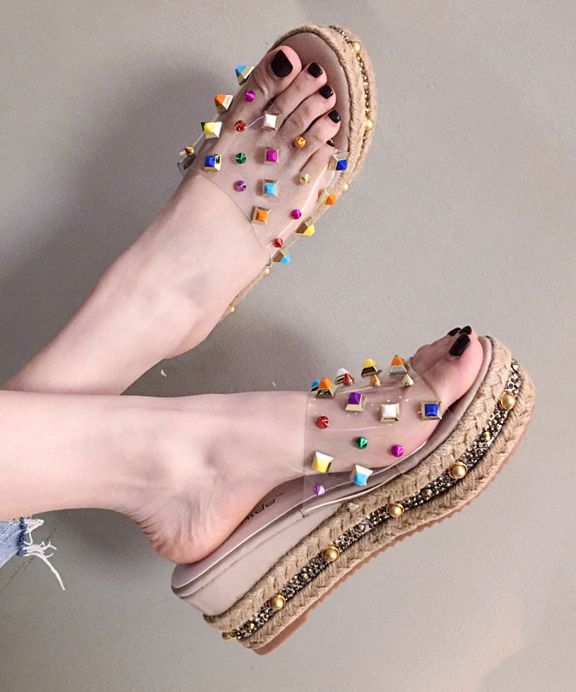 Blue Zircon High Wedge Heels Peep Toe Slide Sandals