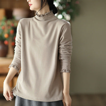 Long-sleeved Plus Fleece T-shirt With Retro Wooden Ears