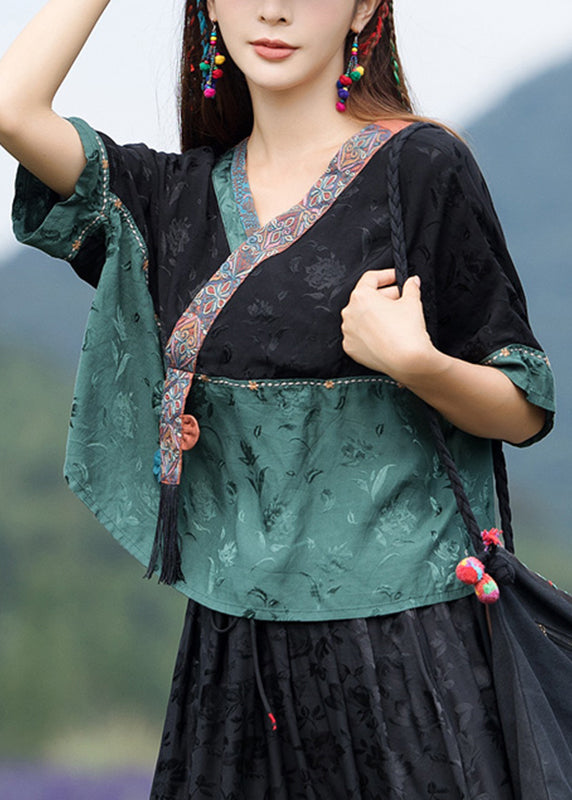 Jacquard Black Stand Collar Embroidered Patchwork Satin Top Half Sleeve