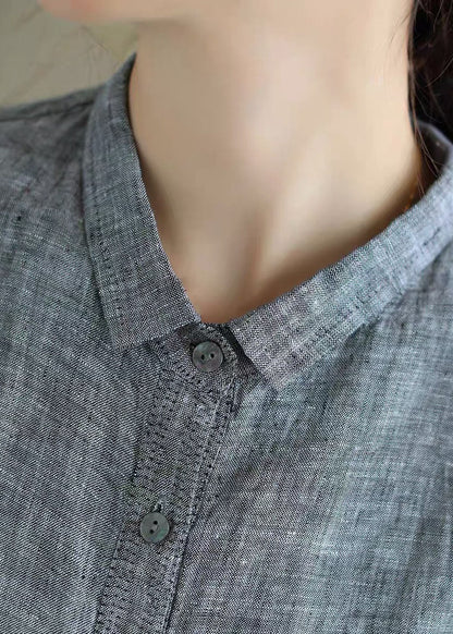 Handmade Grey Peterpan Collar Button Fall Blouses Long Sleeve