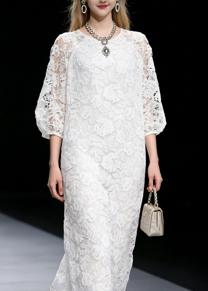 French White O Neck Hollow Out Lace Long Dress Summer