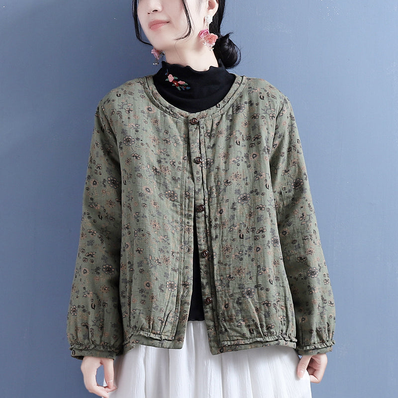 Cotton Linen Winter Retro Printed Coat