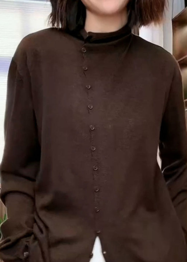 Coffee Stand Collar Button Patchwork Knit Sweaters Fall