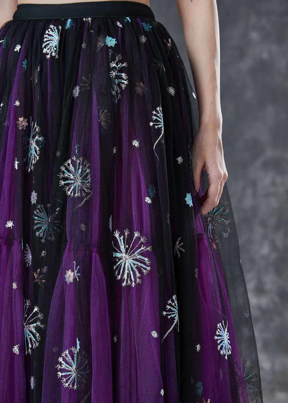 Purple Dandelion Embroideried Wear on Both Sides Tulle Skirt Summer