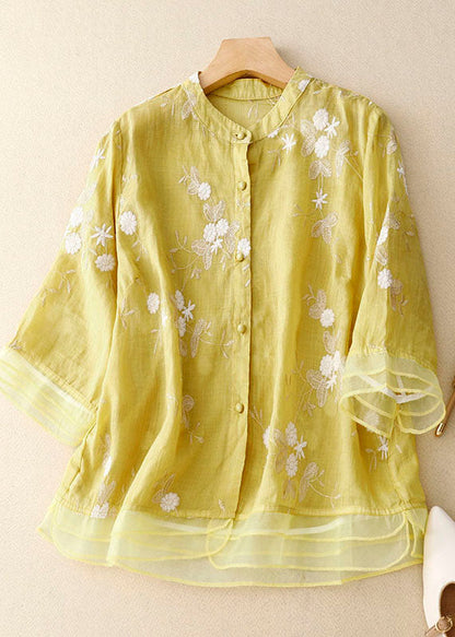 Yellow Stand Collar Embroidered Patchwork Cotton Shirts Bracelet Sleeve