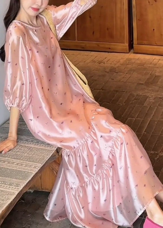 Fine Pink O-neck Print Silk Long Dress Bracelet Sleeve