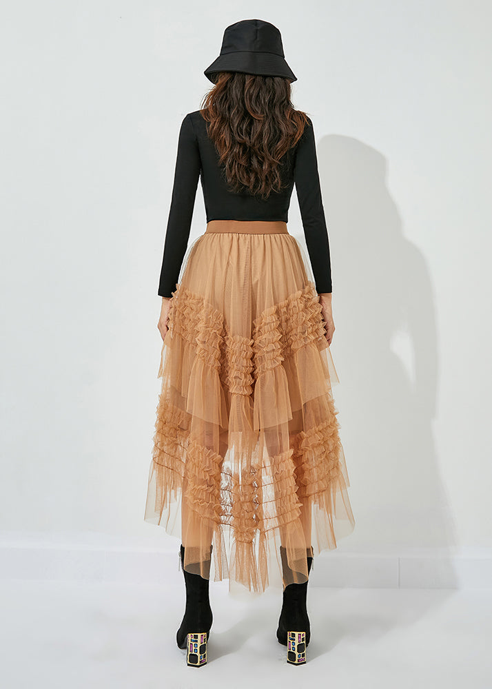Yellow Low High Design Patchwork Wrinkled Tulle Skirts Summer