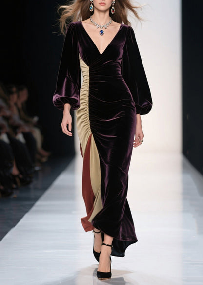 Dull Purple Asymmetrical Patchwork Silk Velvet Evening Dress Spring