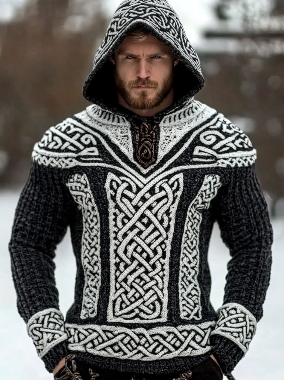 Men's Viking Tribal Jacquard Celtic Hooded Sweater artswardrobe