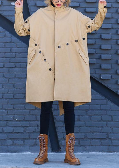 Khaki Coat Medium Length Stand Collar Asymmetric Coat