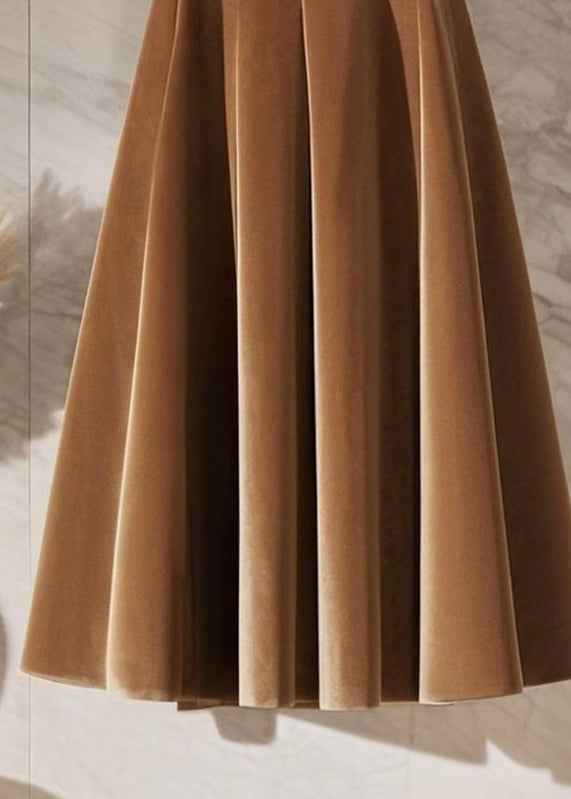 Coffee High Waist Sashes Silk Velvet Maxi Skirt Spring