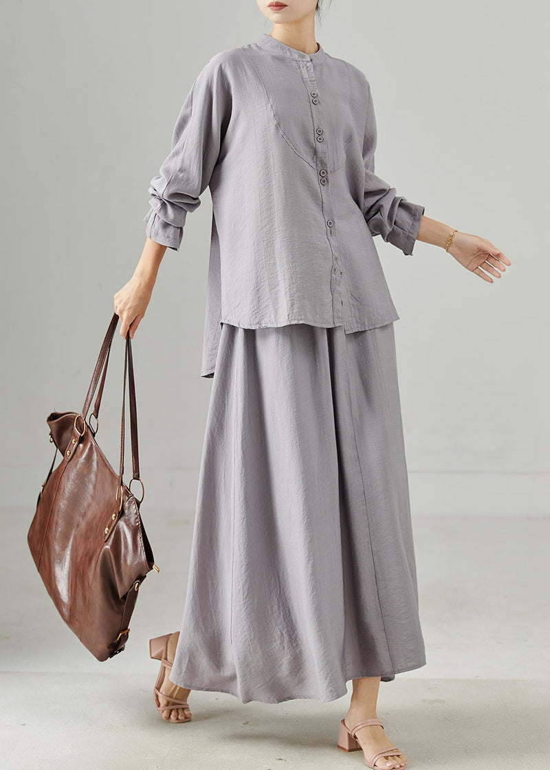 Grey Stand Collar Cotton Tops and Skirts Two Pieces Set Spring