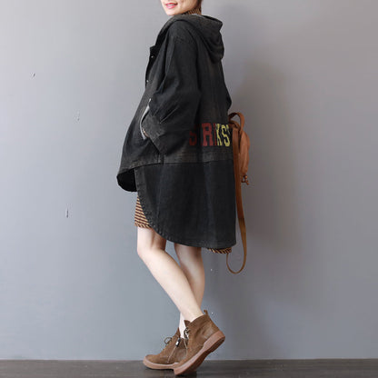 New Dark Gray Denim Coats Hooded Trench Coat Fine Low High Design Coat