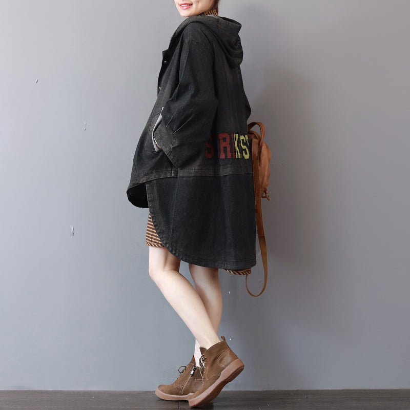 New Dark Gray Denim Coats Hooded Trench Coat Fine Low High Design Coat