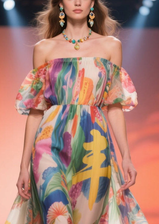 Print Chiffon Long Dress Cold Shoulder Summer