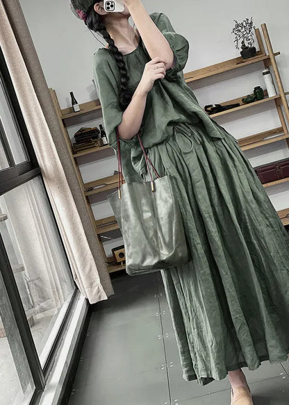 Green O-neck Top and a Line Skirts Two Pieces Set Summer
