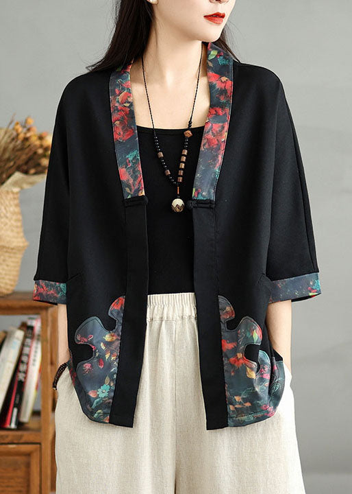 Black V Neck Print Button Cotton Cardigans Fall