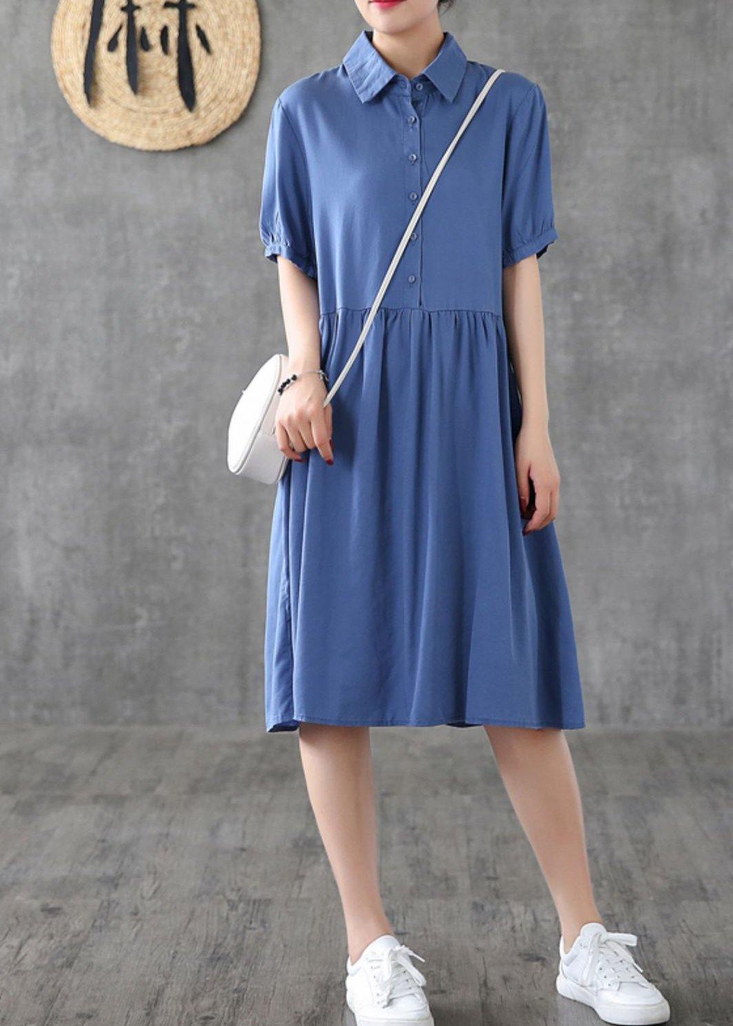 Lapel Cinched Tunic Tunic Tops Blue Dresses