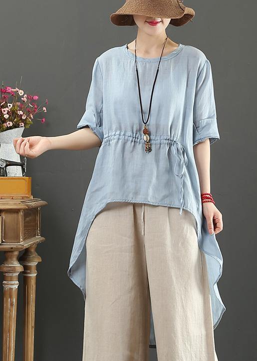 Diy Light Blue Linen Clothes O Neck Asymmetric Box Shirts