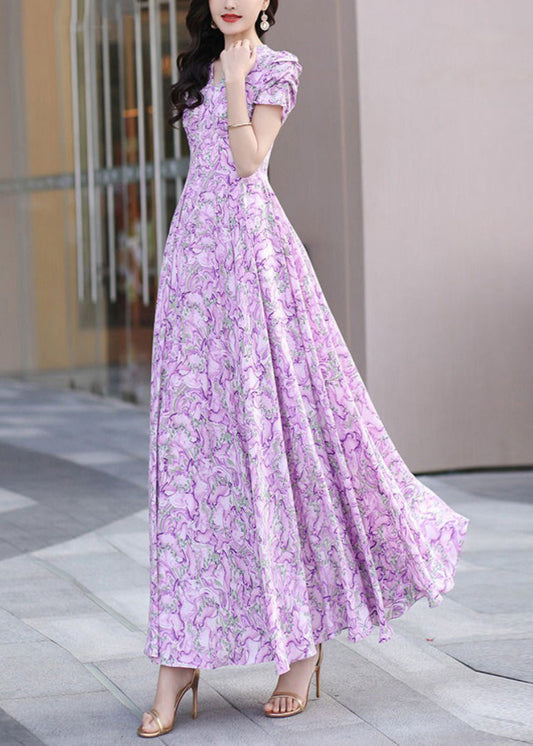 Purple V Neck Print Wrinkled Chiffon Dress Summer