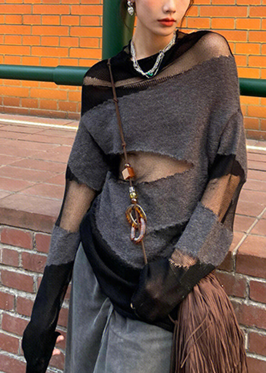 Simple Black Grey O-neck Tulle Patchwork Hollow Out Knitt Sweaters Fall