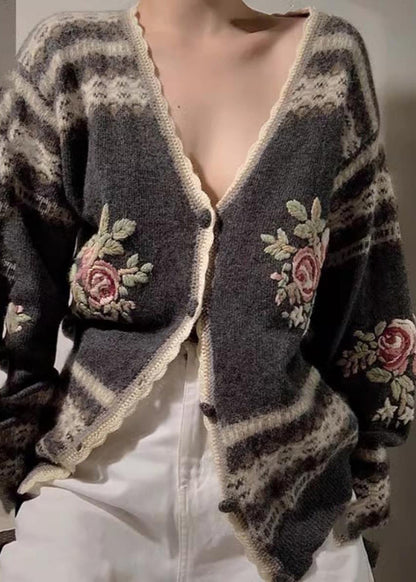 Fitted Grey Embroidered Knit Cardigans Spring
