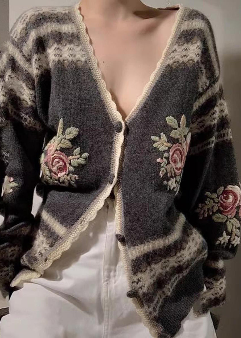 Fitted Grey Embroidered Knit Cardigans Spring