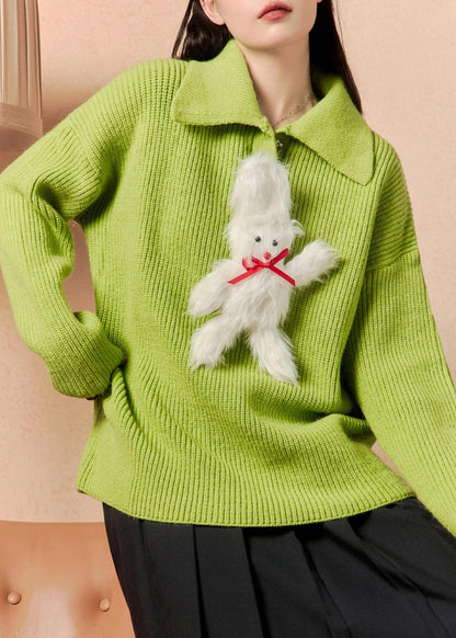 Green Peter Pan Collar Patchwork Knit Sweaters Winter