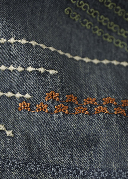 Dark Blue Elastic Waist Embroideried Cotton Denim Ripped Skirts Cozy