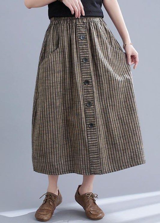 Style Brown Stripedbutton Cottonlinen Skirts Summer