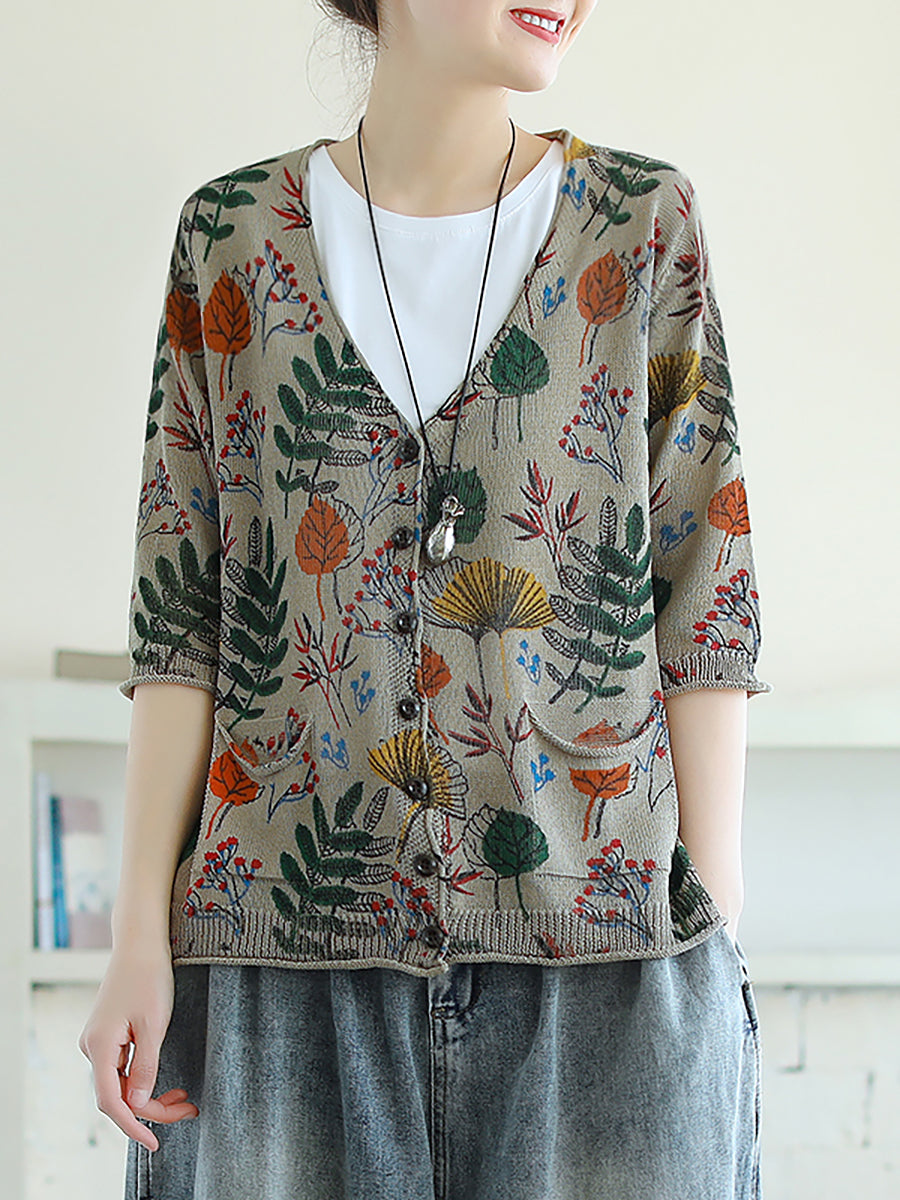 - Leaf Printed Half Sleeve Knitted Shirt