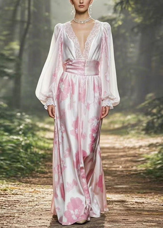 Pink Print High Waist Silk Dress Lantern Sleeve