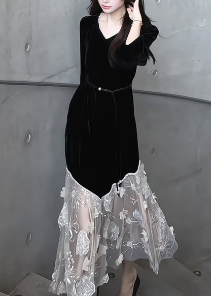 Handmade Black V Neck Tulle Patchwork Silk Velvet Long Dress Bracelet Sleeve