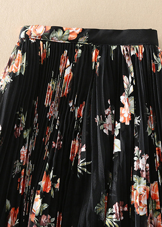 Diy Black Print Tulle Pleated Skirt Spring
