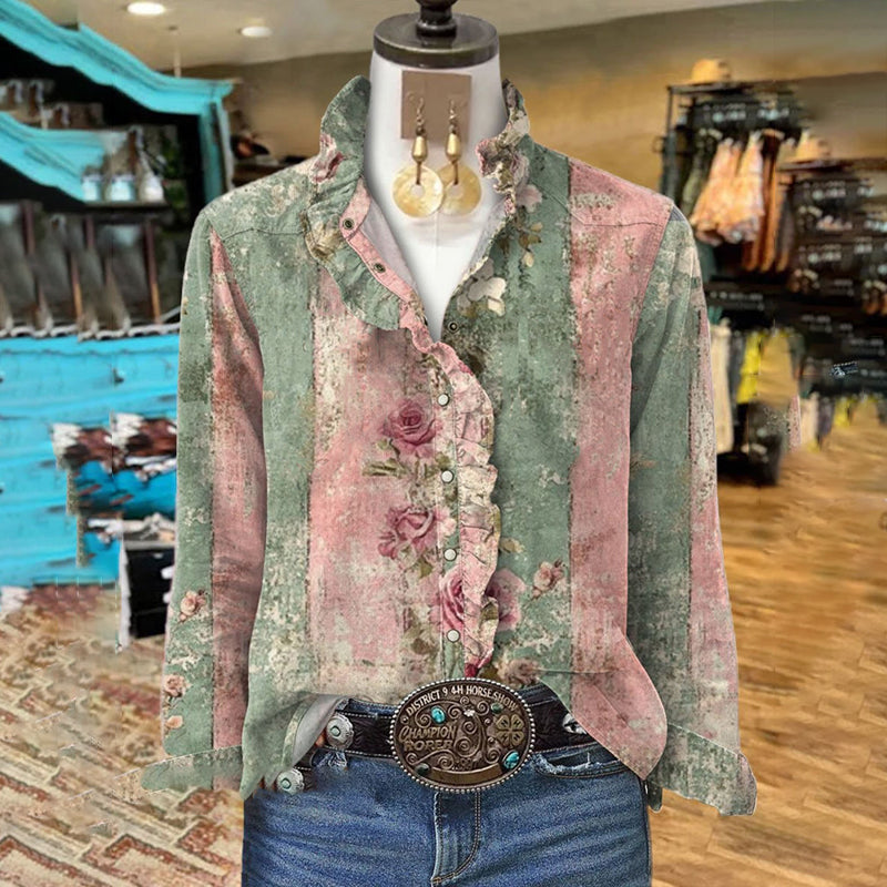 Women's Vintage Floral Art Print Ruffle Shirt elevenforest