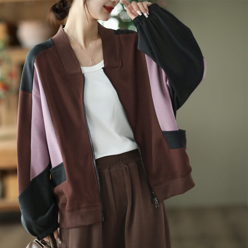 Retro Color-blocking Loose Long-sleeved Literary Jacket