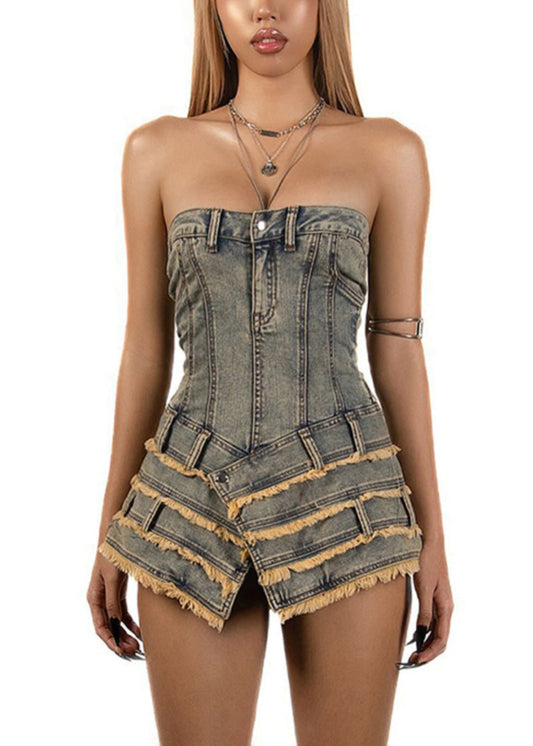 French Asymmetrical Strapless Denim Mini Dresses Sleeveless