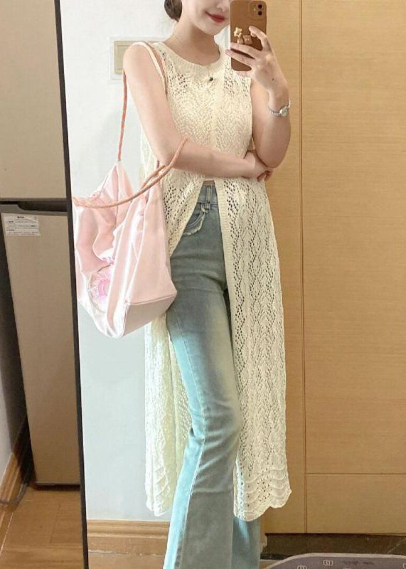 Beige O Neck Side Open Knit Dresses Sleeveless