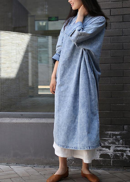 Loose Denim Blue Tunics Stand Collar Side Open Dresses