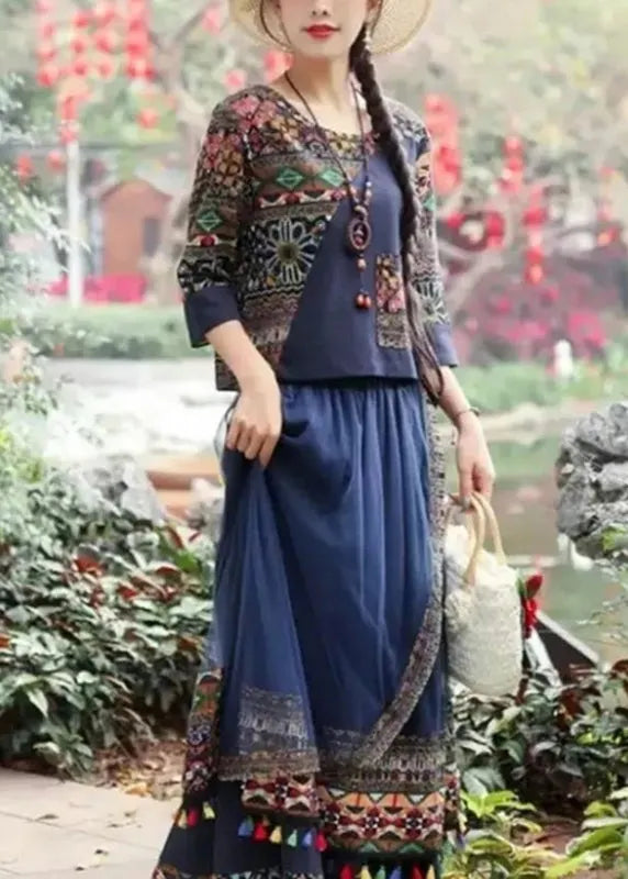 Blue O-neck Print Top Ang Skirts Two Piece Set Fall