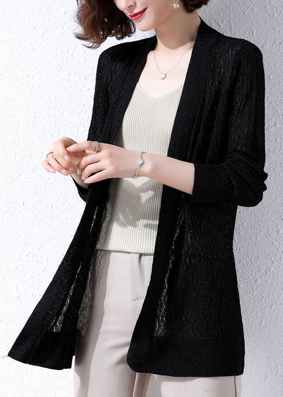 Black Patchwork Knit Cardigans Embroidered Hollow Out Fall