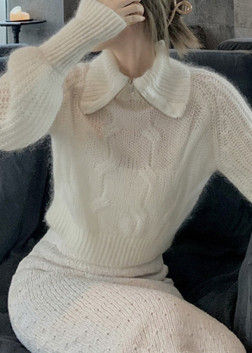 Unique White Zippered Hole Cotton Knit Top Fall