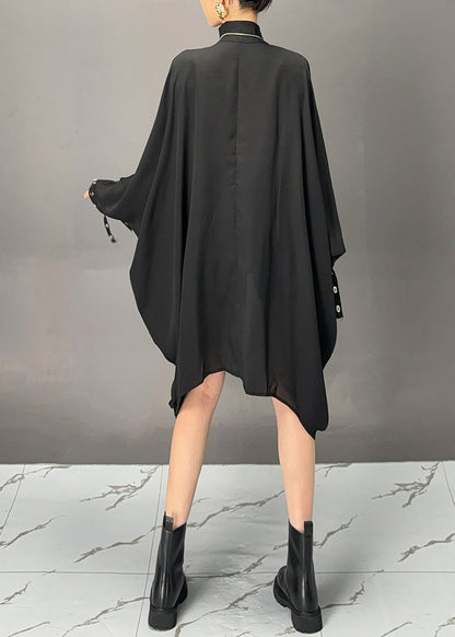 Black Turtleneck Asymmetrical Patchwork Maxi Coats Batwing Sleeve