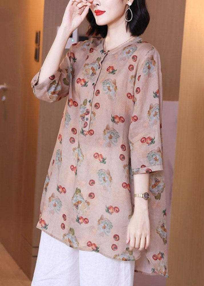 Pink Print Pockets Patchwork Linen Blouse Top Summer