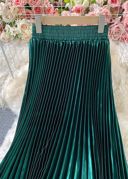 Green Satin Elastic Waist a Line Skirts Spring