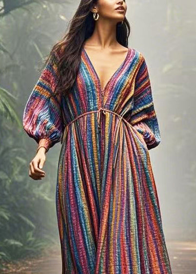 Diy Colorblock V Neck Striped Cotton Vacation Dress Spring