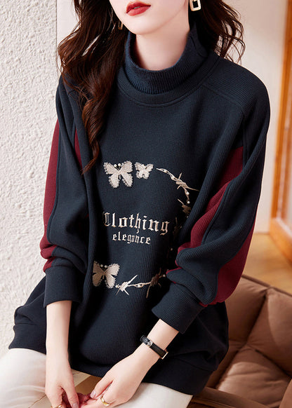 Navy Embroidered Patchwork Warm Fleece Sweatshirt Winter