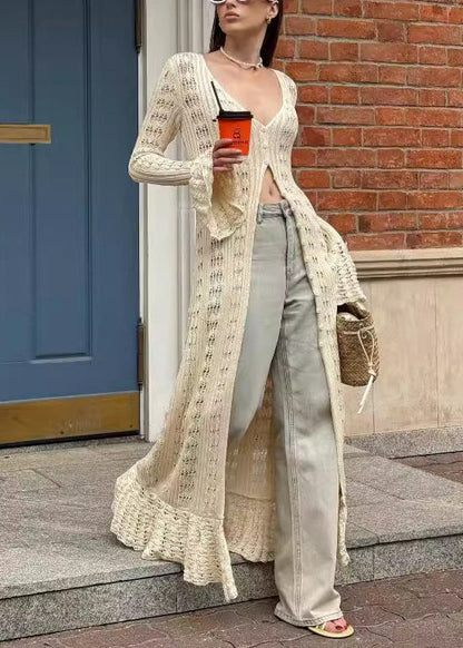 Apricot V Neck Hollow Out Knit Cardigans Flare Sleeve